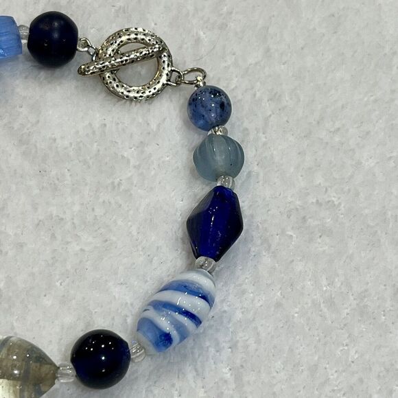 Art Glass Bead Bracelet Blue Dark Blue Evil Eye Boho Handmade Toggle Clasp - Picture 4 of 6